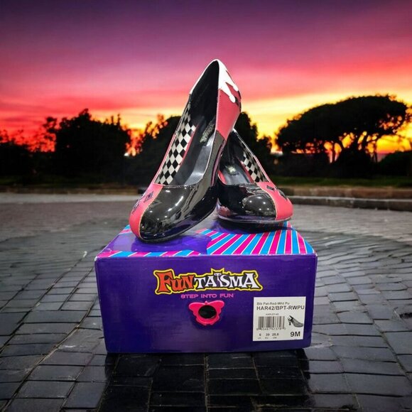 FunTasma ✦ Harley Quinn High Heels ✦ Red Black White Patent w/ Checker Slip-On 9 - Picture 7 of 13